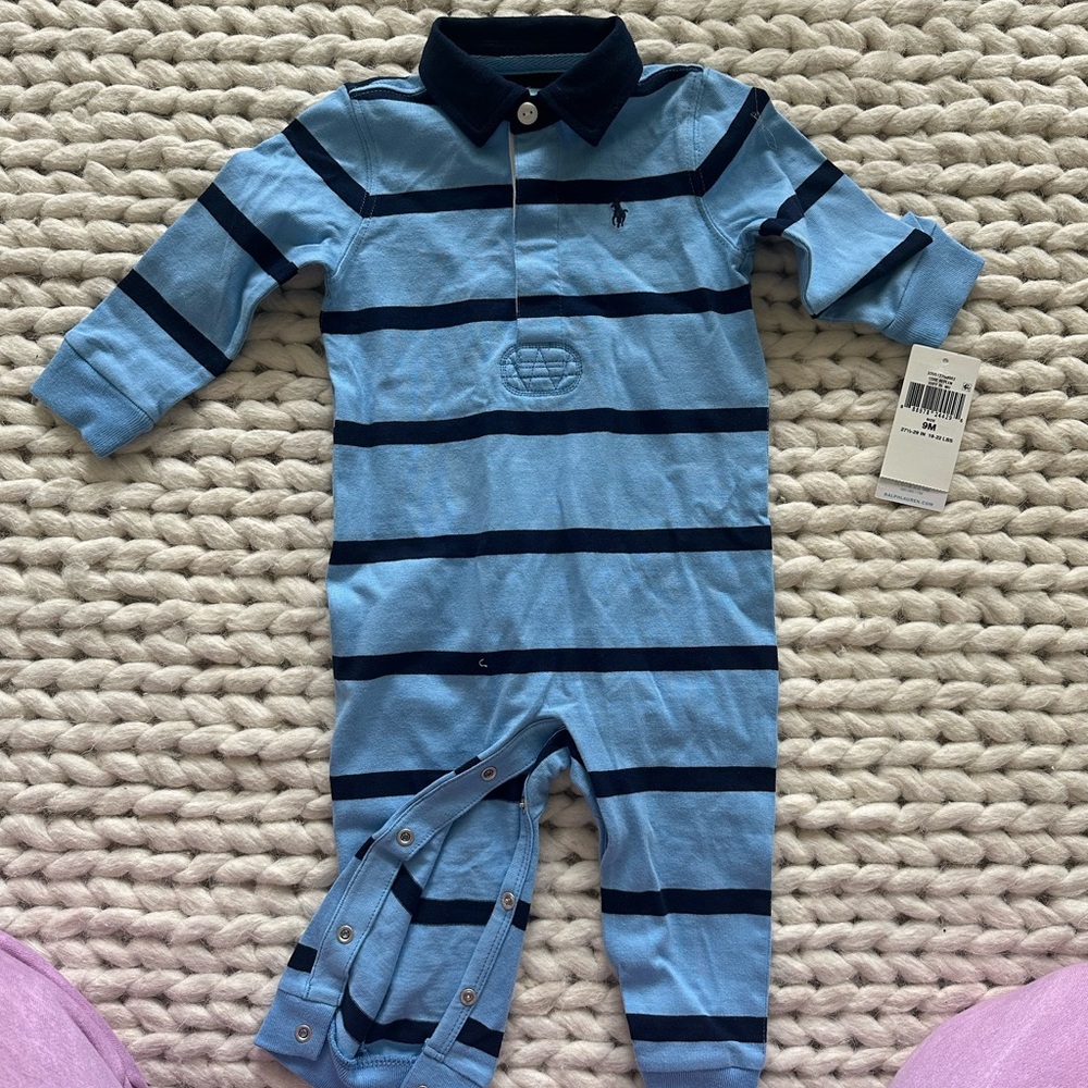Polo by Ralph Lauren Navy and Light Blue Striped Kids Footie